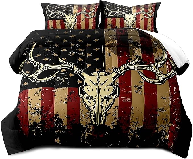 LUVIVIHOME 3PCS Deer Skull Comforter Set Full Size, Patriotic American Flag Comforter, 4th of July Independence Day Hunter Elk Moose Wildlife Cabin Country Rustic Hunting Bedding Quilt, 2 Pillow Shams - LeafyLoom