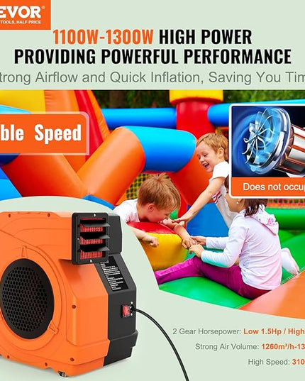 VEVOR Inflatable Blower, 1100W, 1.5 & 1.7 HP Bounce House Blower, Pump Commercial Air Blower for Inflatables, 3100 RPM Bouncy Castle Electric Fan for Bounce House, Waterslides - LeafyLoom