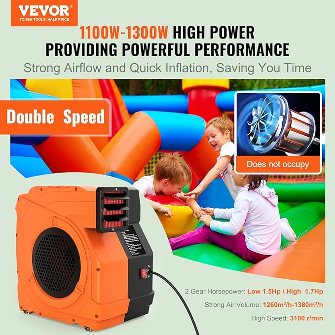 VEVOR Inflatable Blower, 1100W, 1.5 & 1.7 HP Bounce House Blower, Pump Commercial Air Blower for Inflatables, 3100 RPM Bouncy Castle Electric Fan for Bounce House, Waterslides - LeafyLoom