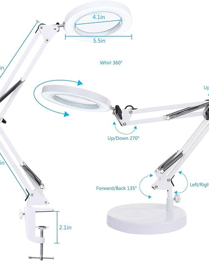 5X Magnifying Glass with Light and Stand, KIRKAS 2-in-1 Real Glass Lens Magnifying Desk Lamp with Clamp, 3 Color Modes, Stepless Dimmable Magnifier Light for Close Work Repair Reading Crafts- White - LeafyLoom