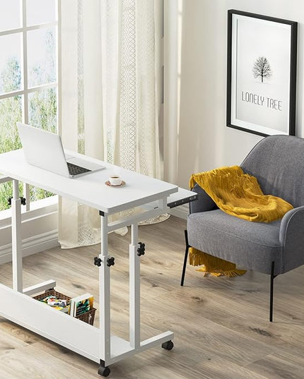 Tribesigns Portable Desk for Sofa and Bed, Height Adjustable Mobile Laptop Table Small Standing Desk Rolling Computer Cart with Keyboard Tray on Wheels for Home Office (White) - LeafyLoom