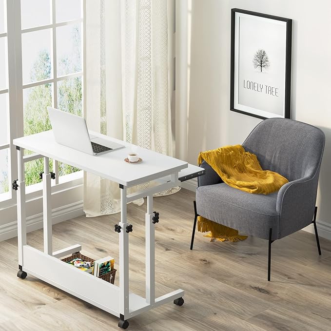 Tribesigns Portable Desk for Sofa and Bed, Height Adjustable Mobile Laptop Table Small Standing Desk Rolling Computer Cart with Keyboard Tray on Wheels for Home Office (White) - LeafyLoom