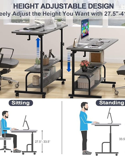 Height Adjustable Standing Desk with Power Outlets, 39" Manual Stand Up Desk with Storage Shelves Small Mobile Rolling Computer Desk Portable Laptop Table with Wheels for Home Office, Grey Oak - LeafyLoom