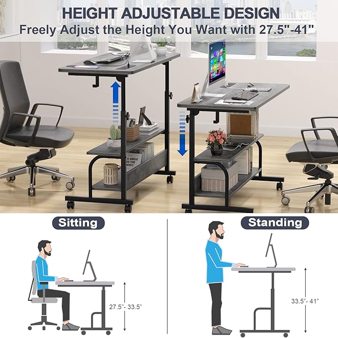 Height Adjustable Standing Desk with Power Outlets, 39" Manual Stand Up Desk with Storage Shelves Small Mobile Rolling Computer Desk Portable Laptop Table with Wheels for Home Office, Grey Oak - LeafyLoom