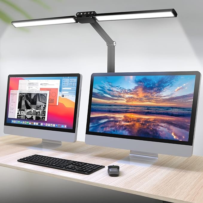 VSATEN LED Desk Lamp for Home Office, 24W Bright Architect Desk Lamp, 5 Modes Double Head Flexible Gooseneck Eye Caring Reading Study Light with Light Sensor Function for Workbench Study Reading - LeafyLoom