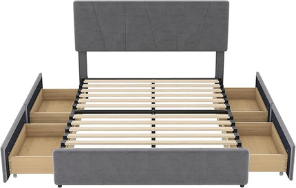 Full Size Upholstery Platform Bed with 4 Storage Drawers on Two Sides, Adjustable Velvet Headboard and Footboard, No Box Spring Needed, Gray - LeafyLoom