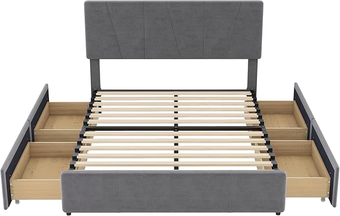 Full Size Upholstery Platform Bed with 4 Storage Drawers on Two Sides, Adjustable Velvet Headboard and Footboard, No Box Spring Needed, Gray - LeafyLoom