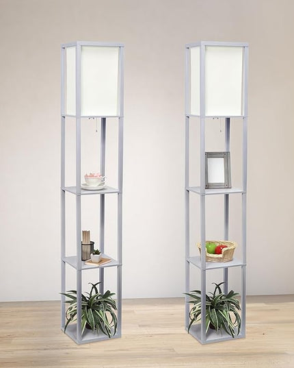 Simple Designs LF1014-GRY-2PK Three Shelf Etagere Organizer Storage Floor Lamp 2 Pack Set with White Linen Shade for Living Room, Bedroom, Office, Hallway, Gray - LeafyLoom