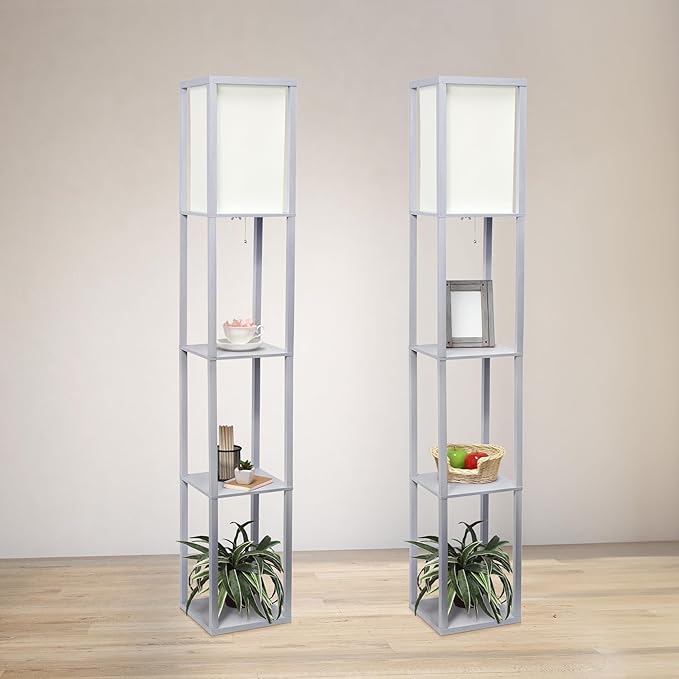 Simple Designs LF1014-GRY Etagere Organizer Storage Shelf Linen Shade Floor Lamp, Gray - LeafyLoom