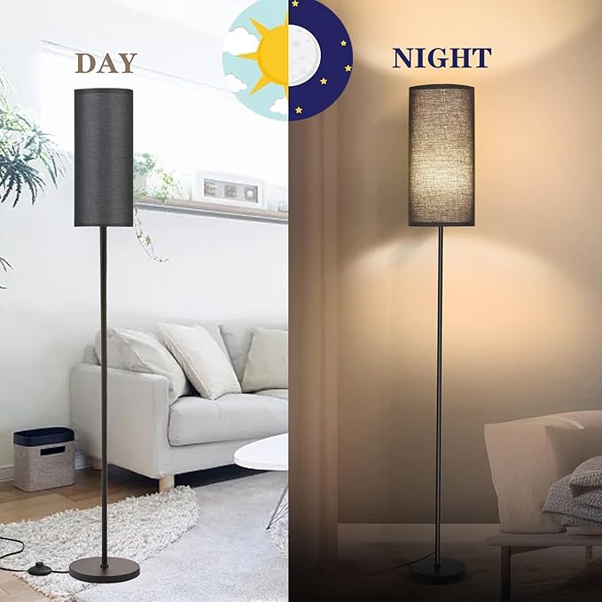 LED Floor Lamp Simple Design, Modern Floor Lamp with Shade, Tall Lamps for Living Room Bedroom Office Dining Room Kitchen, Black Pole Lamp with Foot Switch (with Bulb)(Black Shade) - LeafyLoom