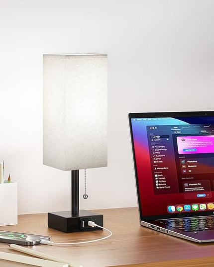 Small Linen Bedroom Lamp - 3 Color Temperature 3000K 5000K 4000K Bedside Lamp, Pull Chain Control, USB A and C Charging Ports, Black Base, for Kids Office Dorm, Bulb Included - LeafyLoom