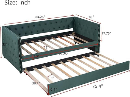 Twin Size Tufted Upholstered Daybed with Trundle, Solid Wood Velvet Bed with Rivet Design, No Box-spring Needed, for Living Room, Bedroom, Dorm, Space-Saving Design - LeafyLoom