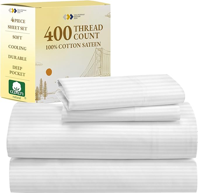California Design Den Striped Sheets for Full Size Bed, Soft 100% Cotton Sheets, Luxury 400 Thread Count Sateen, 4 Piece Deep Pocket Cooling Sheets Set (White Sheets) - LeafyLoom