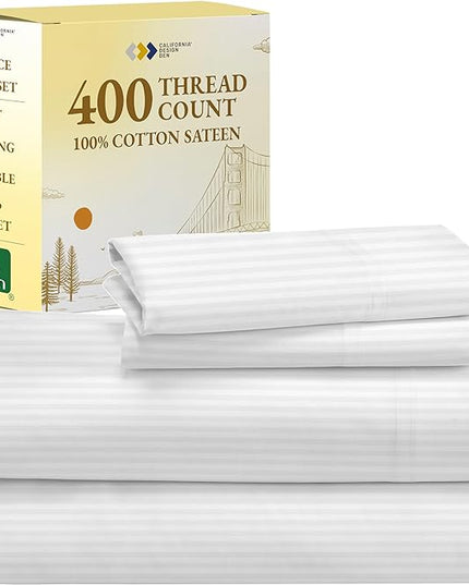California Design Den Striped Sheets for King Size Bed, Soft 100% Cotton Sheets, Luxury 400 Thread Count Sateen, 4 Piece Deep Pocket Cooling Sheets Set (White Sheets) - LeafyLoom