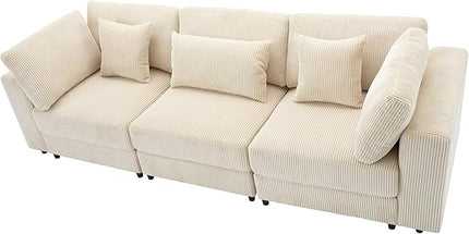 Morden Soft Corduroy Upholstered 3 Seater Sofa Couch with Removable Back Cushions and 5 Pillows for Living Room, Apartment, Office, 105", Beige-403 - LeafyLoom