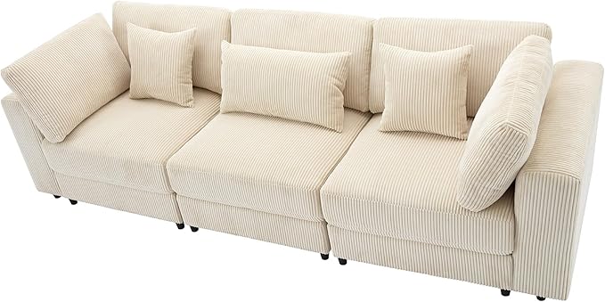Morden Soft Corduroy Upholstered 3 Seater Sofa Couch with Removable Back Cushions and 5 Pillows for Living Room, Apartment, Office, 105", Beige-403 - LeafyLoom