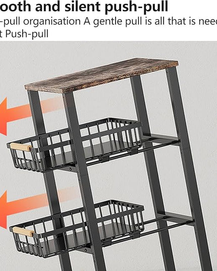 Kitchen Storage Cart Slim Rolling Cart On Wheels,5-Tier Skinny Kitchen Island Utility Organizer Storage Cart with Pull-Out Baskets and Wood Top,Mesh Fruit Basket Cart with Handle - LeafyLoom