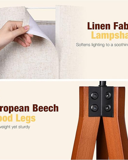 Wood Tripod Floor Lamp, 3 Color Temperatures Mid Century Modern Boho Floor Lamp, Tall Standing Lamps for Living Room Bedroom Office, Flaxen Lamp Shade with E26 Lamp Base - LeafyLoom