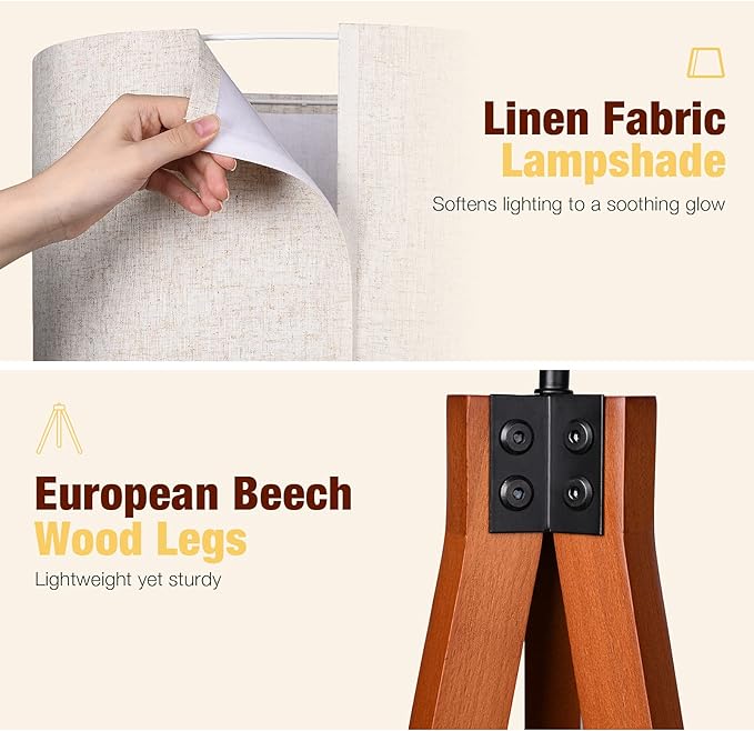 Wood Tripod Floor Lamp, 3 Color Temperatures Mid Century Modern Boho Floor Lamp, Tall Standing Lamps for Living Room Bedroom Office, Flaxen Lamp Shade with E26 Lamp Base - LeafyLoom