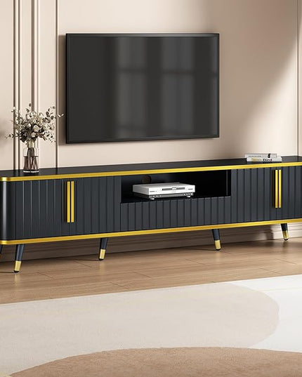 Merax Luxury Minimalism TV Stand with Open Storage Shelf, Cabinets and Drawers, Entertainment Center for Televisions Up to 85", Black - LeafyLoom