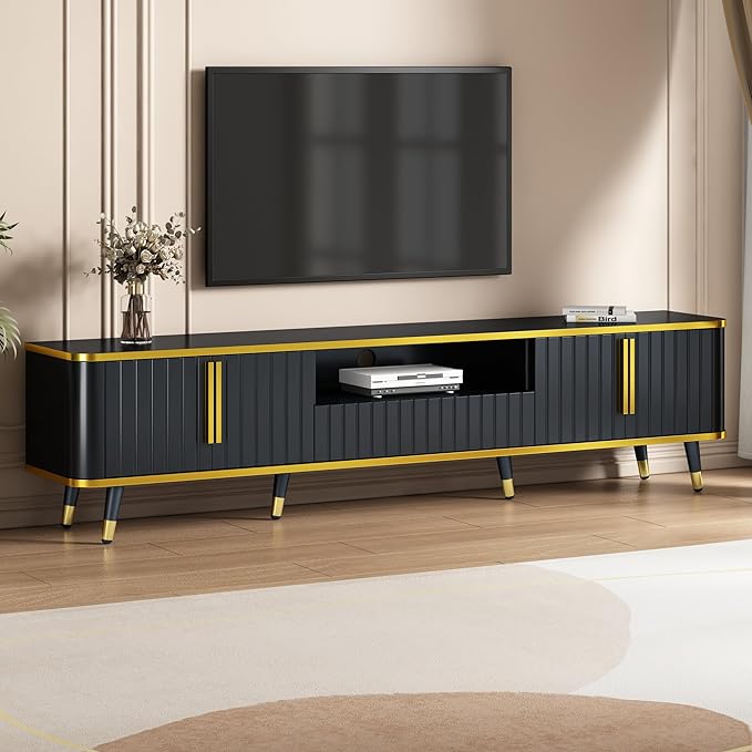Merax Luxury Minimalism TV Stand with Open Storage Shelf, Cabinets and Drawers, Entertainment Center for Televisions Up to 85", Black - LeafyLoom