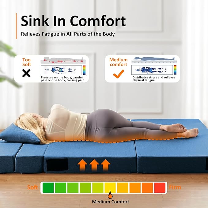 Queen Size Folding Sofa Bed - 4 in 1 Futon Chair with Two Pillows - High Density Memory Foam Foldable Couch with Washable Modern Linen Cover for Home Office (Blue) - LeafyLoom