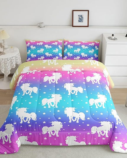 2 Piece Unicorn and Stars Bedding Set King Size,Tie Dye Pastel Comforter Sets Rainbow Printed Duvet Sets for Kids Girls Teens,Girly Sweet Colorful Down Comforter Bedroom Decor with 2 Pillow Cases - LeafyLoom