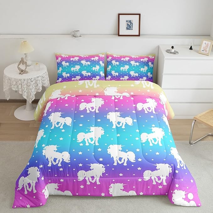 2 Piece Unicorn and Stars Bedding Set King Size,Tie Dye Pastel Comforter Sets Rainbow Printed Duvet Sets for Kids Girls Teens,Girly Sweet Colorful Down Comforter Bedroom Decor with 2 Pillow Cases - LeafyLoom