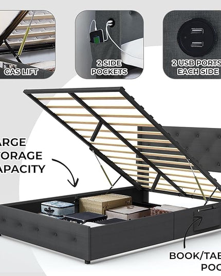 Queen Lift Up Storage Bed Frame, Button Tufted Wingback Headboard with USB Ports,Hydraulic Storage, Wood Slats Support, No Box Spring Needed, Noise-Free - LeafyLoom