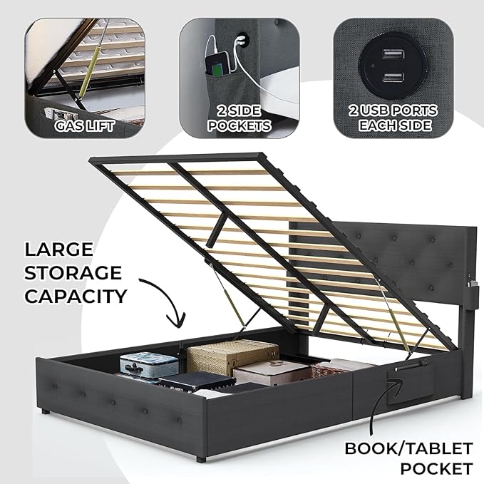 Queen Lift Up Storage Bed Frame, Button Tufted Wingback Headboard with USB Ports,Hydraulic Storage, Wood Slats Support, No Box Spring Needed, Noise-Free - LeafyLoom