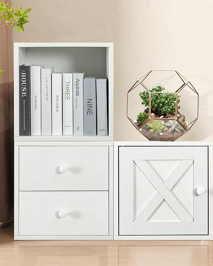 Magic DIY Cube Storage Organizer Stackable Cubes For Home Books Clothes Toy -Modular Cubby Storage System -Office Cubical -Bookcase Closet (Pure white-washed, Drawer Cube) - LeafyLoom
