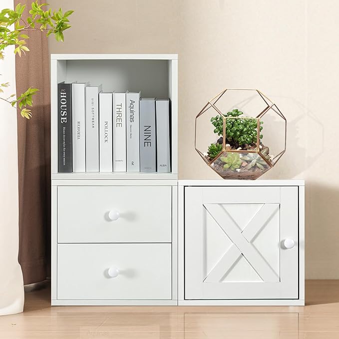 Magic DIY Cube Storage Organizer -Cube Storage Shelf -Wood Storage Cubes -Stackable Cubes Perfect for Books Clothes Toy(Pure White-Washed, General Cube) - LeafyLoom