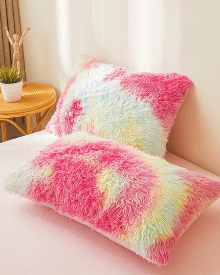 FOPPA Rainbow Plush Comforter Cover Set, 3 Pieces (Queen, Tie-Dye), Ultra Soft Faux Fur Bedding - LeafyLoom