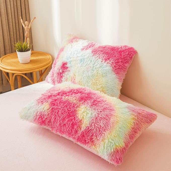 FOPPA Rainbow Plush Comforter Cover Set, 3 Pieces (Queen, Tie-Dye), Ultra Soft Faux Fur Bedding - LeafyLoom