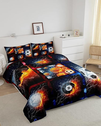 Sports Comforter Sets For Boys Twin,Teen Basketball Baseball Football Bedding Comforter Set For Men Volleyball Soccer Hockey Quilt Comforter,Red Blue Water And Fire Lightning Bed Duvet 1 Pillow Case - LeafyLoom