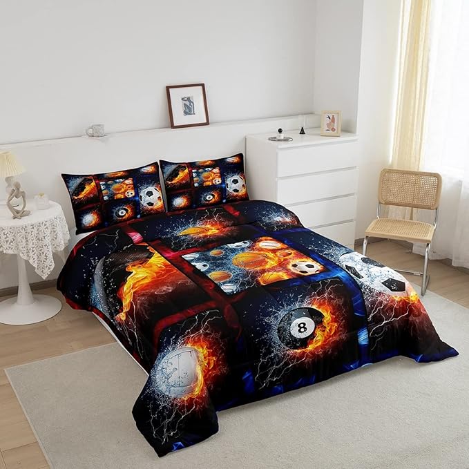 Sports Comforter Sets For Boys Twin,Teen Basketball Baseball Football Bedding Comforter Set For Men Volleyball Soccer Hockey Quilt Comforter,Red Blue Water And Fire Lightning Bed Duvet 1 Pillow Case - LeafyLoom