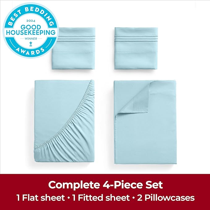 Mellanni King Sheets Set - 4 PC Iconic Collection Bedding Sheets & Pillowcases - Hotel Luxury, Extra Soft, Cooling Bed Sheets - Deep Pocket up to 16 inch (King, Aqua) - LeafyLoom