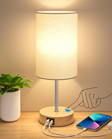 AKASUKI Table Lamp for Bedroom, 3 Way Dimmable Touch Lamp with Dual Charging Station, Small Bedside Lamps for Night Stands, Living Room, Office(LED Bulb Included) - LeafyLoom