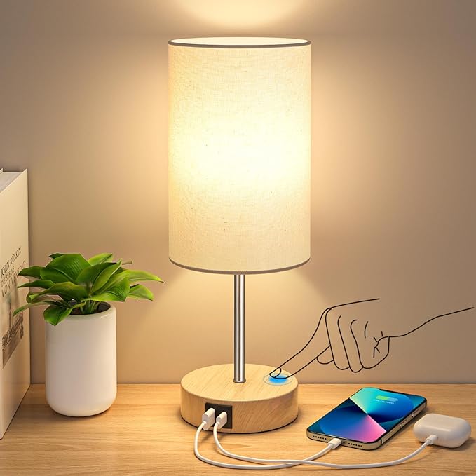 AKASUKI Table Lamp for Bedroom, 3 Way Dimmable Touch Lamp with Dual Charging Station, Small Bedside Lamps for Night Stands, Living Room, Office(LED Bulb Included) - LeafyLoom
