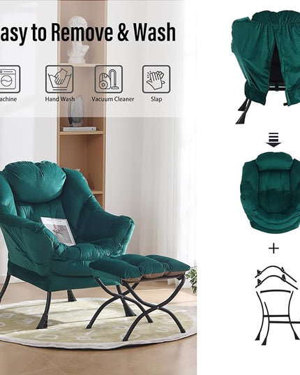 Oversized Chair with Ottoman, Modern Chair with Folding Footrest, Lounge Accent Chair, Comfortable Reading Chair for Bedroom, Study, Living Room, Courtyard (Dark Green) - LeafyLoom