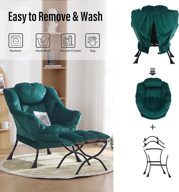 Oversized Chair with Ottoman, Modern Chair with Folding Footrest, Lounge Accent Chair, Comfortable Reading Chair for Bedroom, Study, Living Room, Courtyard (Dark Green) - LeafyLoom