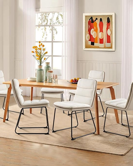 COLAMY Dining Chairs Set of 6, Modern Waffle Fabric Dining Chairs, Faux Leather Chairs with Back for Kitchen Dining Living Waiting Room, Cream - LeafyLoom
