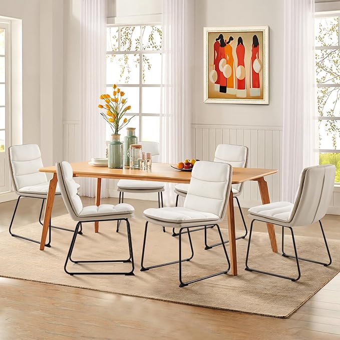 COLAMY Dining Chairs Set of 6, Modern Waffle Fabric Dining Chairs, Faux Leather Chairs with Back for Kitchen Dining Living Waiting Room, Cream - LeafyLoom