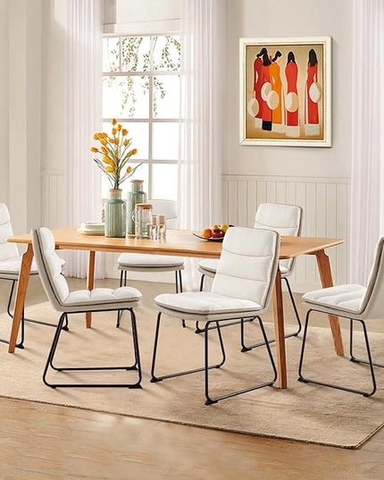 COLAMY Dining Chairs Set of 6, Modern Waffle Dining Chair, Leather Chairs with Metal Legs for Dining Room Living Room Kitchen Coffee Shop, Cream - LeafyLoom