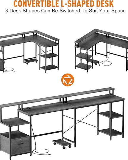 IDEALHOUSE L Shaped Desk - 76" Reversible L Shaped Computer Desk with File Drawer, Office Desk with Power Outlet, L Shaped Gaming Desk with Monitor Shelf, Corner Desk for Home Office, Grey Oak - LeafyLoom