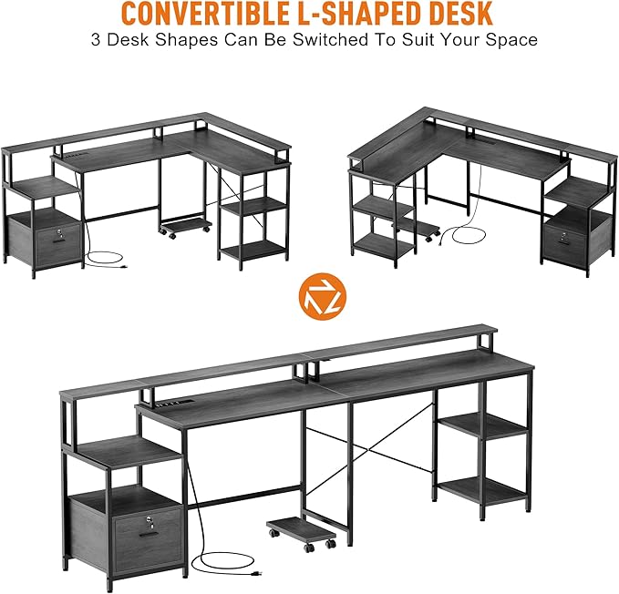 IDEALHOUSE L Shaped Desk - 76" Reversible L Shaped Computer Desk with File Drawer, Office Desk with Power Outlet, L Shaped Gaming Desk with Monitor Shelf, Corner Desk for Home Office, Grey Oak - LeafyLoom