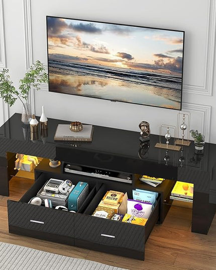 HOUAGI LED TV Stand for 50/55/60/65/70 Inch TVs,Modern Entertainment Center with Storage Drawer and Glass shelf, TV Console Table for Living room,Bedroom,Black - LeafyLoom
