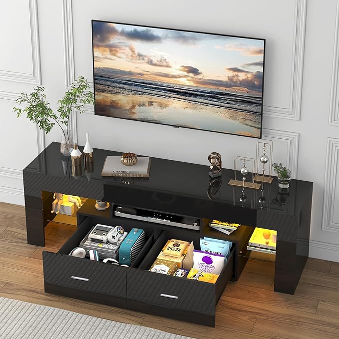 HOUAGI LED TV Stand for 50/55/60/65/70 Inch TVs,Modern Entertainment Center with Storage Drawer and Glass shelf, TV Console Table for Living room,Bedroom,Black - LeafyLoom