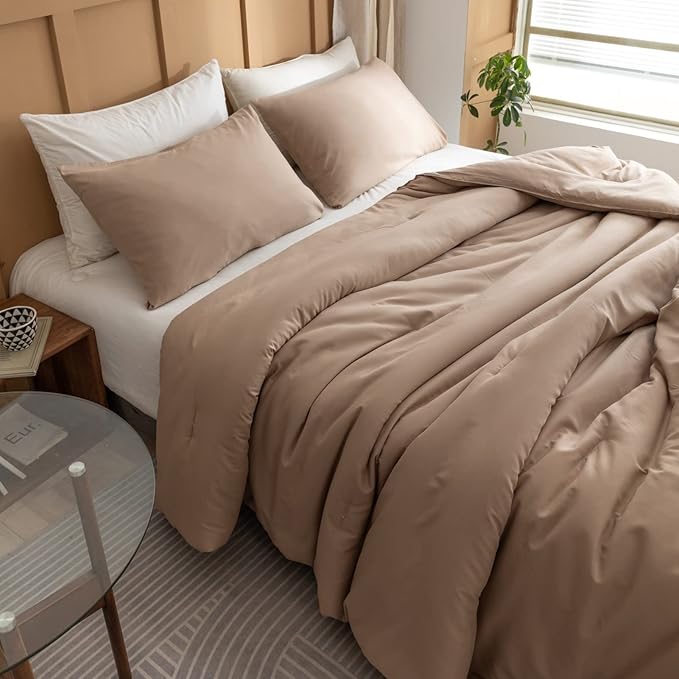ROSGONIA Queen Comforter Set Taupe Brown, 3pcs(1 Boho Tan Comforter & 2 Pillowcases) All Season Soft Bedding Lightweight Bedspread Blanket Quilt - LeafyLoom