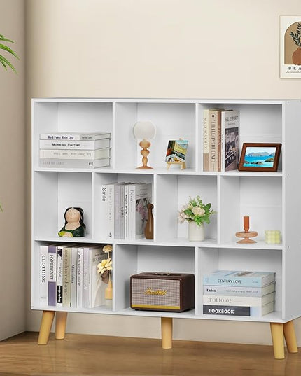 YAHARBO 10 Cube White Bookshelf,3 Tier Book Shelf with Legs,Modern Minimalist Bookcase,Open Book Shelves Storage Organizer,Frees Standing Wooden Display Bookcases for Small Space,Bedroom,Living Room - LeafyLoom